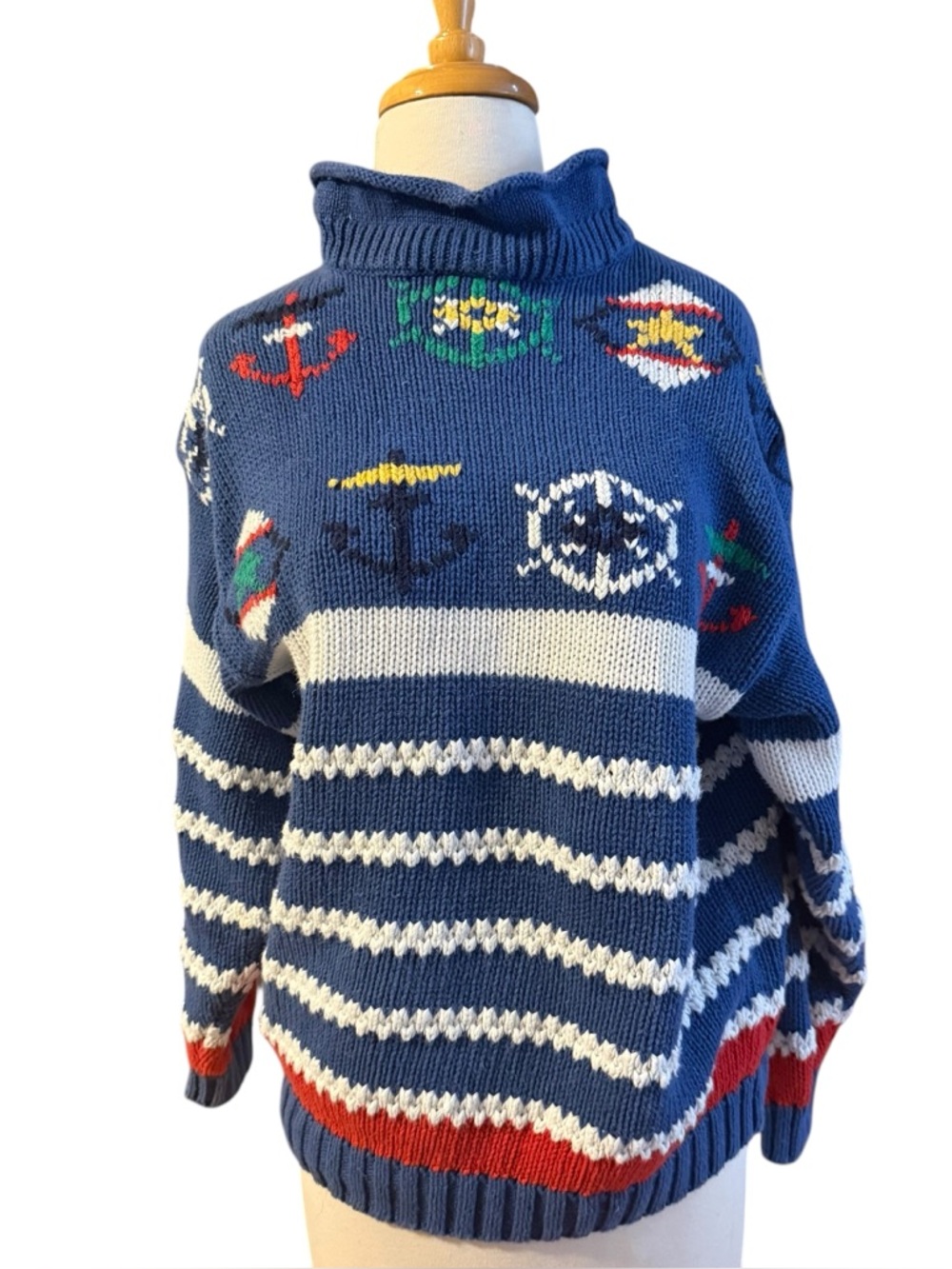 Gina Peters 80s 90s Nautical Sailor SWEATER red white blue ramie/cotton Medium